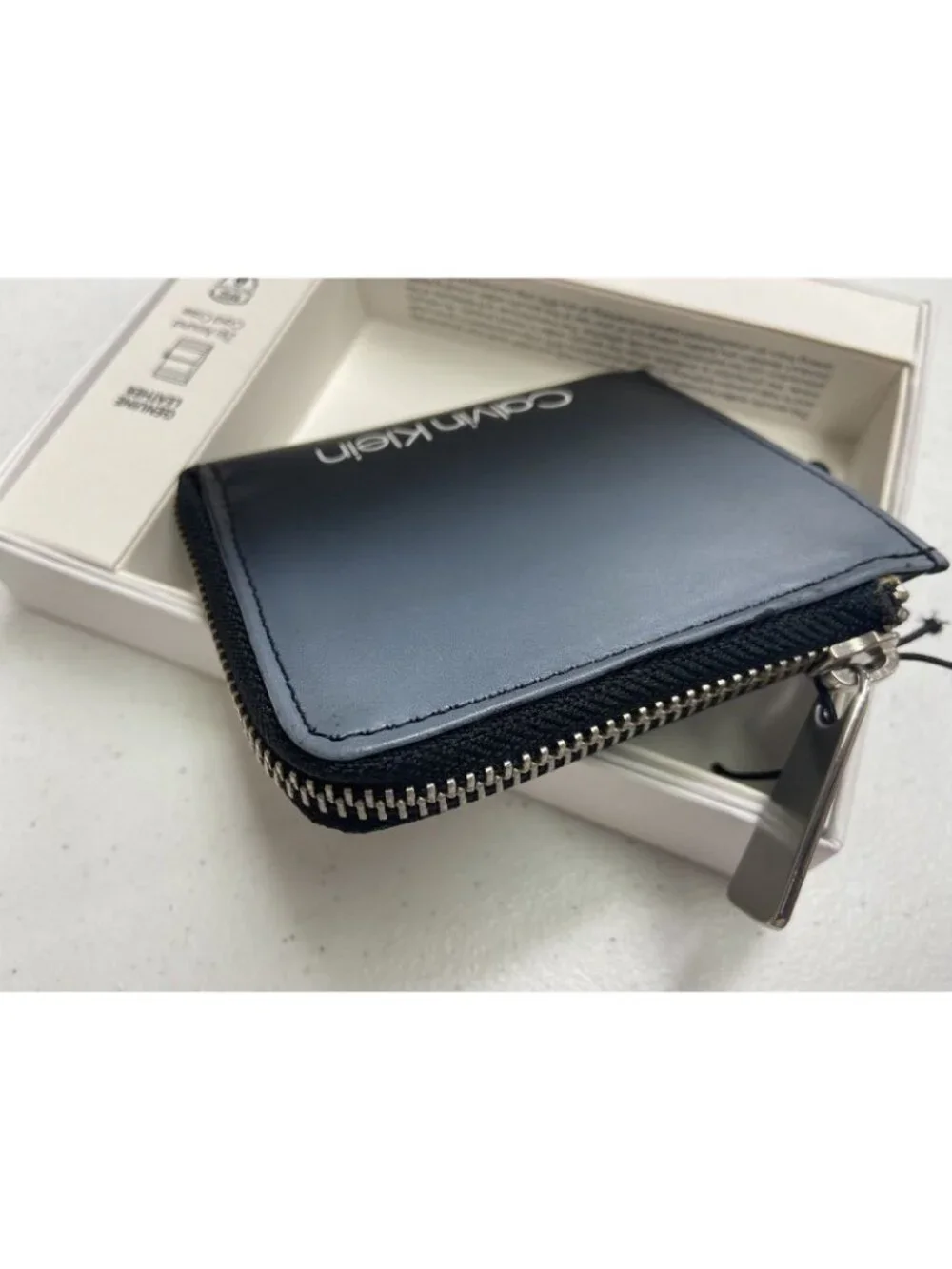 Calvin Klein Men RFID Zip Around Card Case Wallet Black Gray Leather $50 SALE